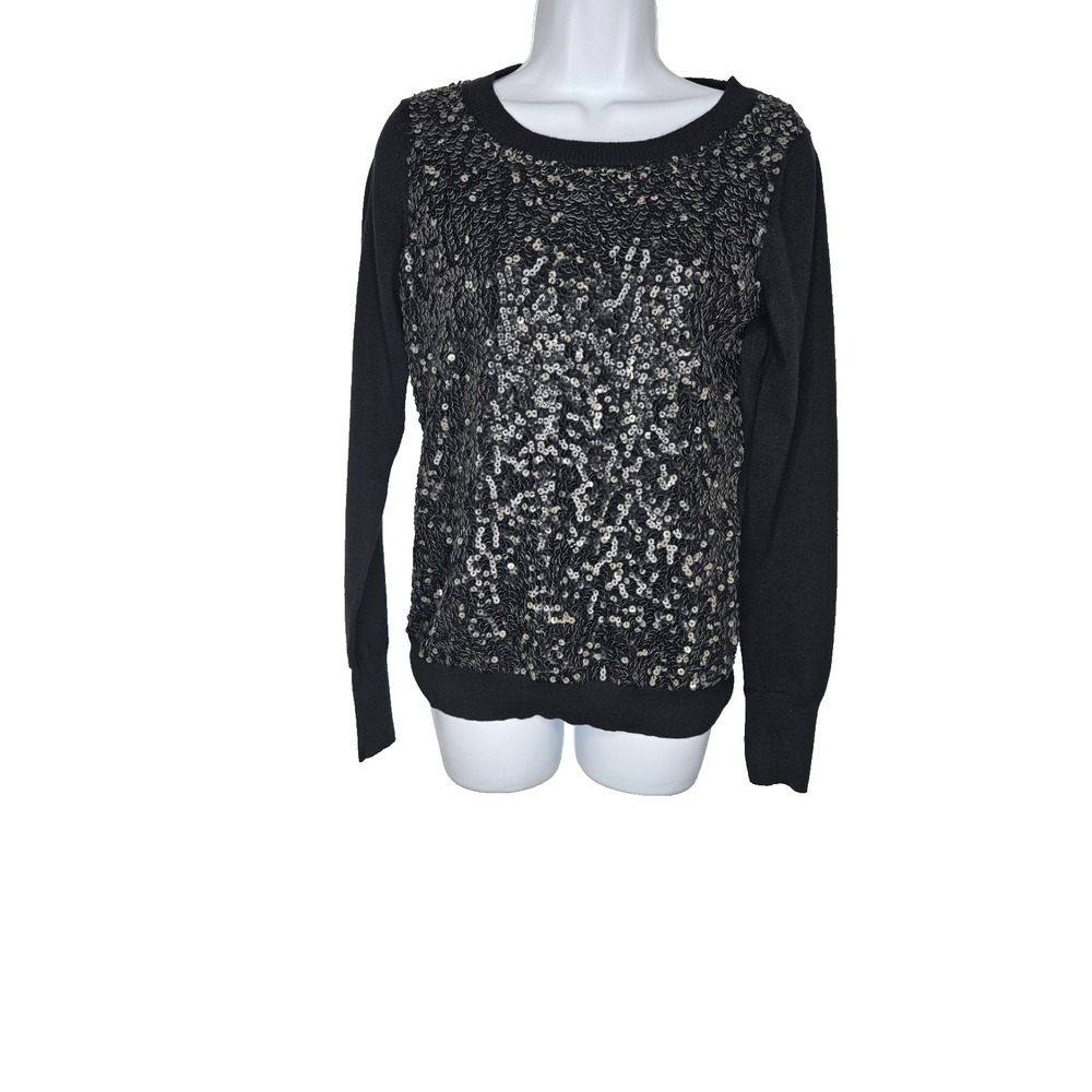 Express Sequin Front Sweater Womens M Black Long Sleeve Party Top